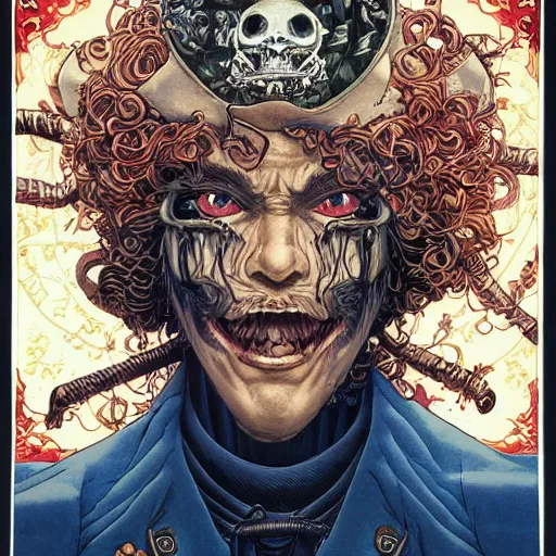 Image similar to portrait of crazy pirate, symmetrical, by yoichi hatakenaka, masamune shirow, josan gonzales and dan mumford, ayami kojima, takato yamamoto, barclay shaw, karol bak, yukito kishiro