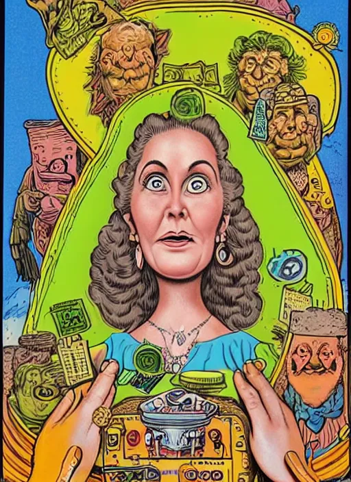 Image similar to portrait of a beautiful woman by basil wolverton and robert crumb in the style of a garbage pail kids card, tarot card, play - doh