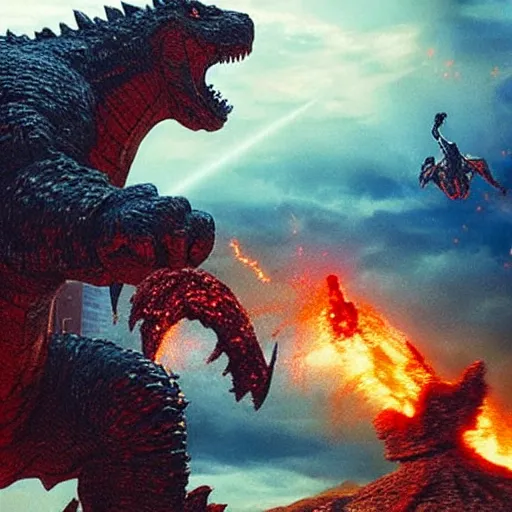 Image similar to Godzilla fighting Optimus Prime in a volcano with guns