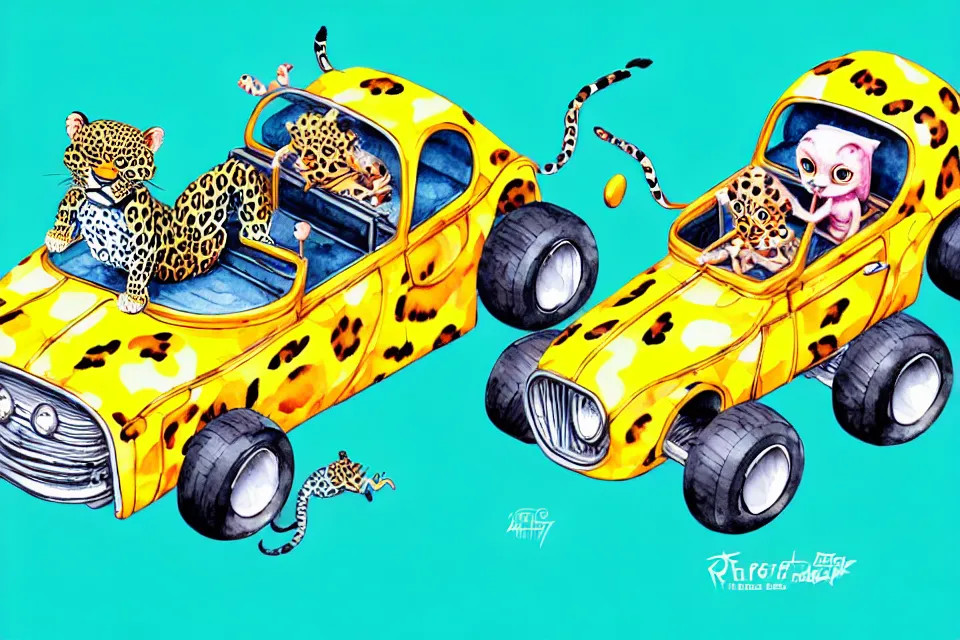 Prompt: cute and funny, leopard riding in a tiny hot rod with oversized engine, ratfink style by ed roth, centered award winning watercolor pen illustration, isometric illustration by chihiro iwasaki, edited by range murata, tiny details by artgerm and watercolor girl, symmetrically isometrically centered