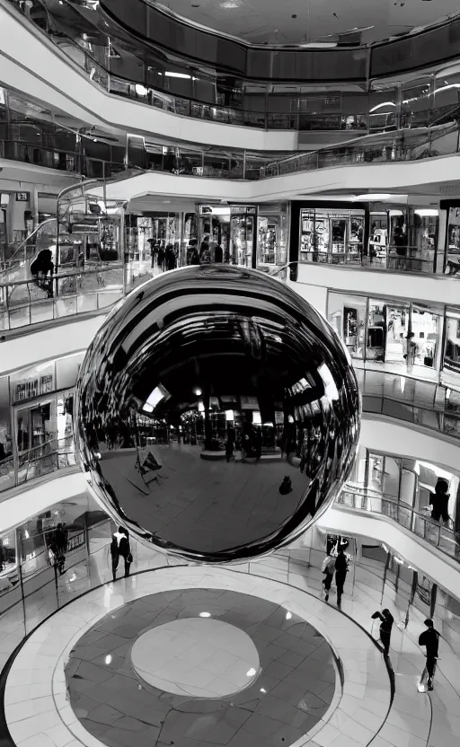 Image similar to photo of a chrome blob in a mallsoft mall, sharp wide shot