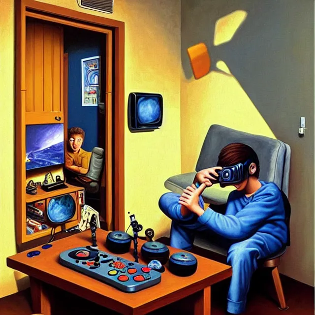 Image similar to an oil on canvas portrait of a teenager in his room playing videogames and watch television, surrealism, surrealist, cosmic horror, rob gonsalves, high detail