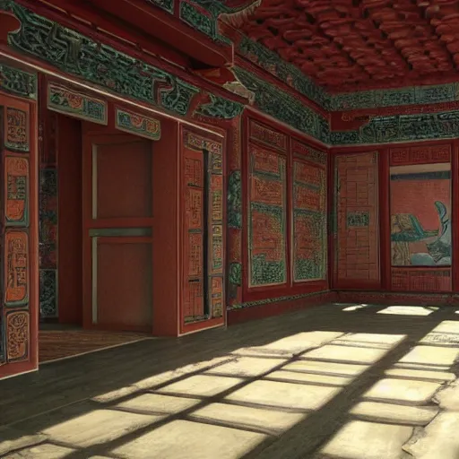 Prompt: detailed render of a ancient chinese architecture interior room by sci fi style, artstation, greg crewdson, cinematic