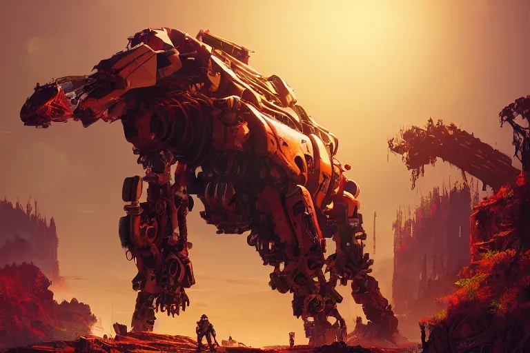 Image similar to behemoth machine mecanical creature robot of horizon forbidden west horizon zero dawn radiating a glowing aura global illumination ray tracing hdr fanart arstation by ian pesty and alena aenami artworks in 4 k