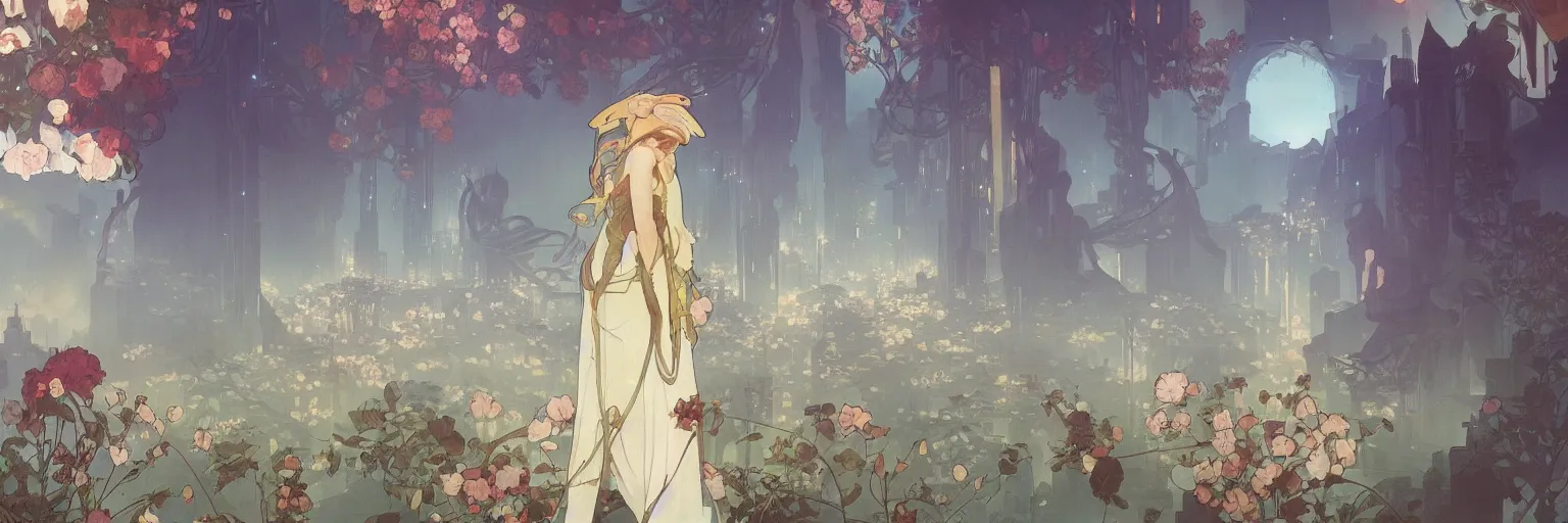 Prompt: A beautiful flower painting of a dystopian future by Alfons Maria Mucha and Julie Dillon and Makoto Shinkai, with flowers and trees, skyscrapers and futuristic buildings