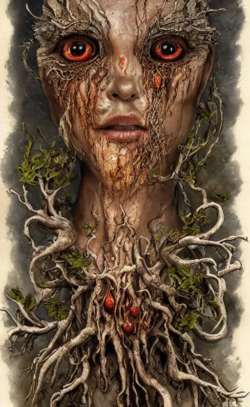 Image similar to portrait of a rotten tree spirit dryad with a beautiful face and flaming mouth and eyes, intricate, headshot, mushrooms, fungi, lichen, sketch lines, graphite texture, old parchment, guillermo del toro concept art, justin gerard monsters, intricate ink illustration, artstation