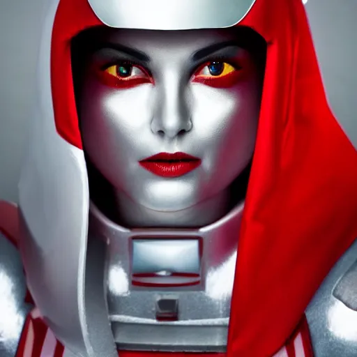 Image similar to headshot of an beautiful female soldier in glossy sleek white armor with tiny red details and a long red cape, downward angle, determined expression, on the surface of mars, night time, dramatic lighting, cinematic, sci-fi, hyperrealistic