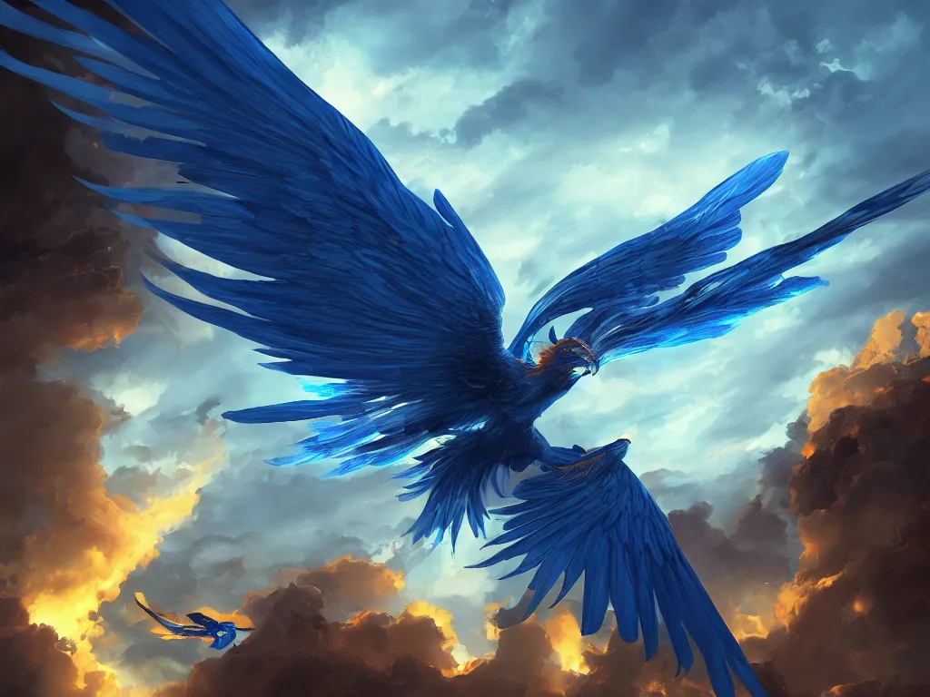 Image similar to a blue phoenix flying over McDonalds, digital painting, trending on artstation, deviantart, 8k, epic composition, intrinsic details, perfect coherence