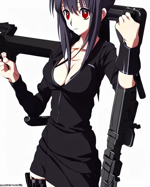 Prompt: female action anime girl, black dress, holding weapon with natural hands, symmetrical faces and eyes symmetrical body, middle shot waist up, airplane hanger background, Madhouse anime studios, Black Lagoon, Wit studio anime, 2D animation