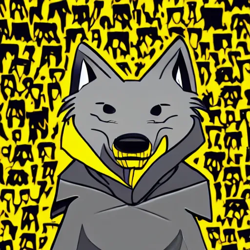 Image similar to lineart of a silly grey wolf wearing a yellow raincoat from the series dark ( netflix series ), devianart trending, positive, amateur