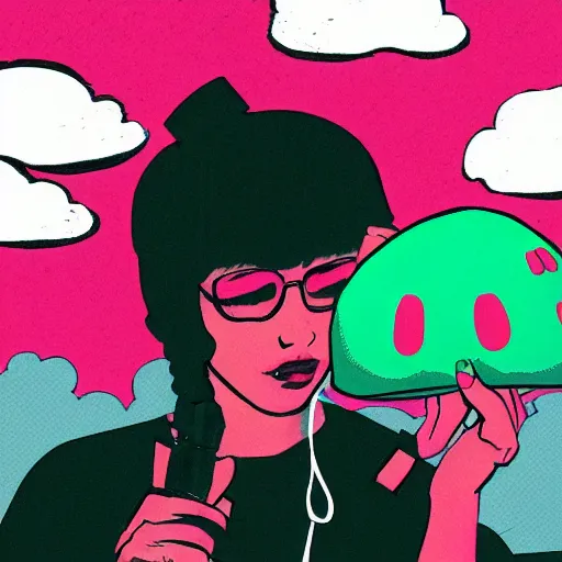 Image similar to lofi hip hop girl thumbnail with nuclear mushroom cloud in the background