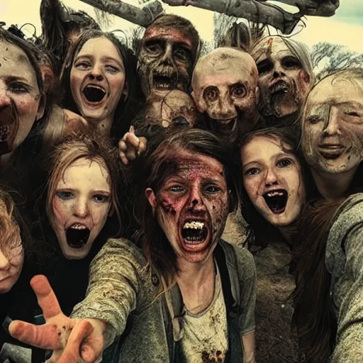 Image similar to humans last selfie, post apocalyptic, award winning, horror