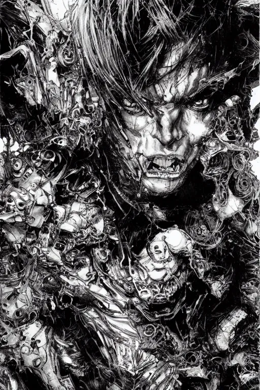 Image similar to portrait of chainsaw devil from chainsawman, pen and ink, intricate line drawings, by craig mullins, ruan jia, kentaro miura, greg rutkowski