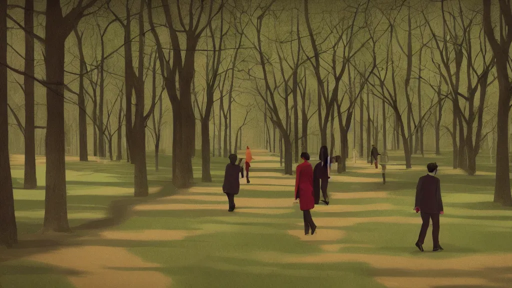 Prompt: A stroll in the park, in the style of David Lynch, by Wes Anderson, concept art, artstation