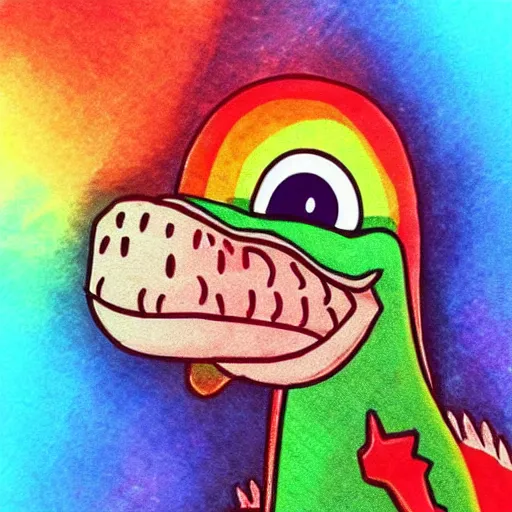 Image similar to chibi dinosaur puking rainbow, anime, portrait, fantasy art