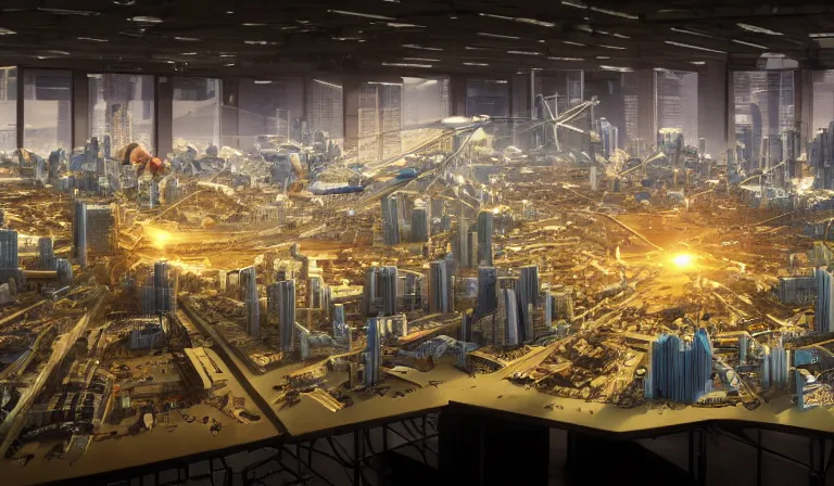 Prompt: large group people in a frame warehouse, looking at hologram of futuristic city on a table, cinematic concept art, godrays, golden hour, natural sunlight, 4 k, clear details, tabletop model buildings, center tabletop model, hologram center, crane shot, crane shot, crane shot