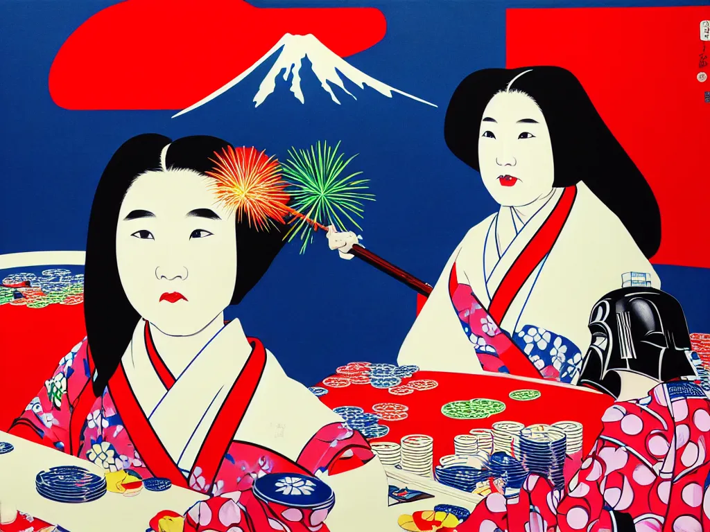 Image similar to hyperrealism composition of the detailed woman in a japanese kimono sitting at a poker table with darth vader, fireworks, picture of mountains in the background, pop - art style, jacky tsai style, andy warhol style, ukiyo e, acrylic on canvas