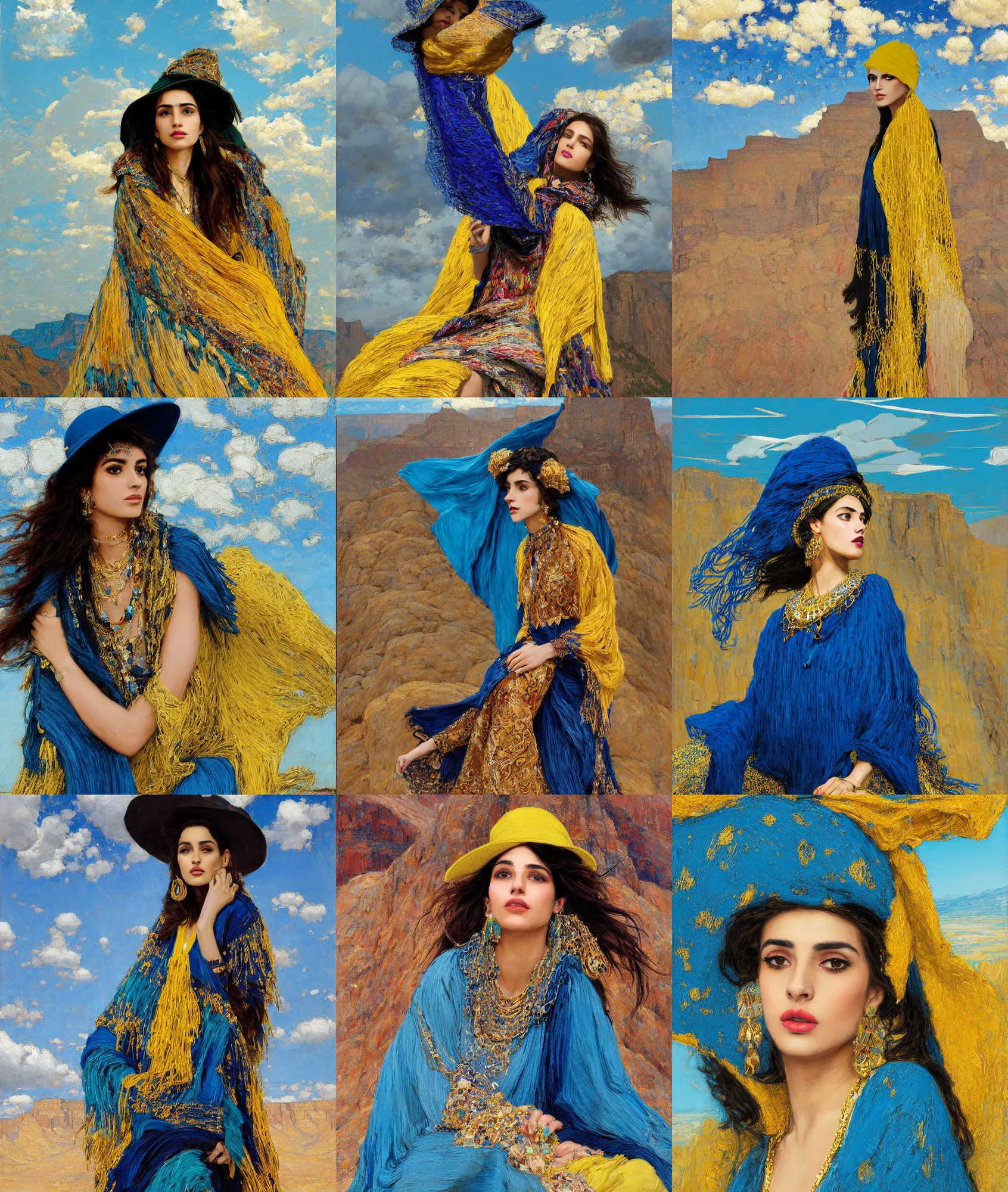 Prompt: portrait of fashionable young iranian woman wearing rich jewerly hat and deep blue and yellow cyan boho poncho with gold texture, on extremely strong wind, in elegant decollete, sitting dynamic pose, Low poly, thunder clouds in the sky, grand canyon, artwork by john william waterhouse and Denis Sarazhin and klimt and rhads and Dean Ellis and Detmold Charles Maurice, levitation, industrial rusty pipes, simple form, brutal shapes