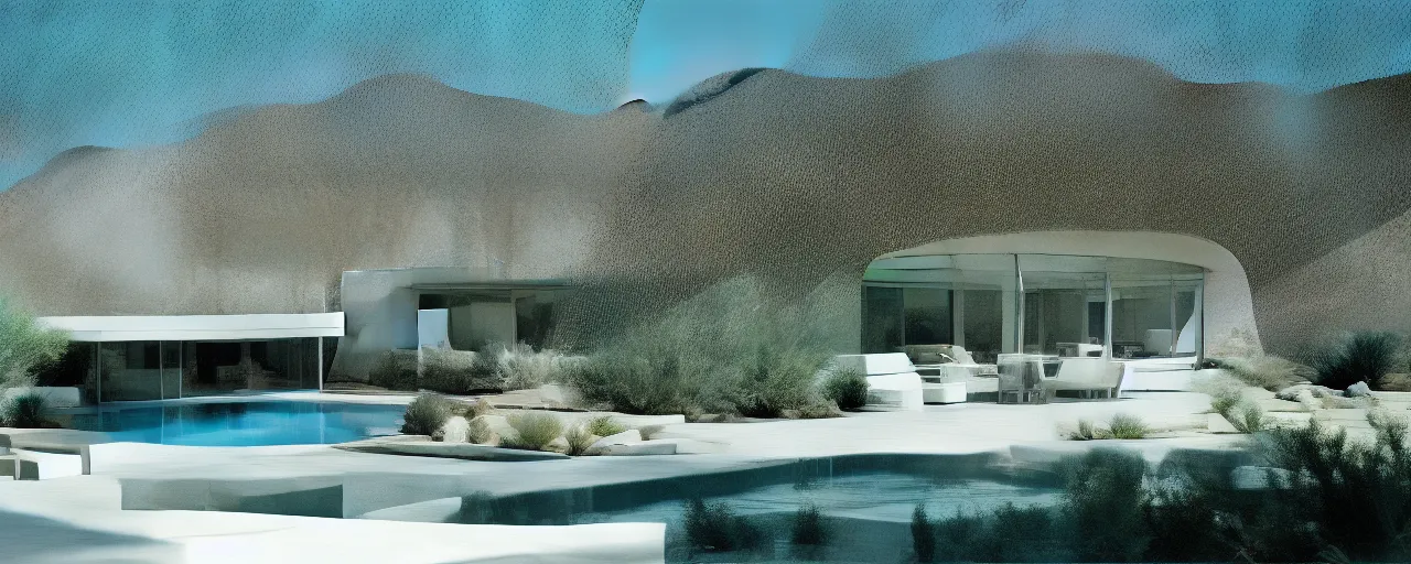 Prompt: hillside desert pavilion, palm springs, metal, glass, stone, large overhangs, beautiful vistas with cacti, rectangular pool parallel with pavilion, minimal kitchen, sliding glass windows, rust, shadows, tall entry, 8k, realistic, photo by julius shulman, a group beautiful women in white swimsuits, night time, waterfall from roof