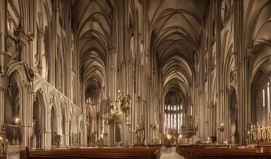 Image similar to interior notre dame, ascher clemens, home, interior, octane render, deviantart, cinematic, key art, hyperrealism, canon eos c 3 0 0, ƒ 1. 8, 3 5 mm, 8 k, medium - format print