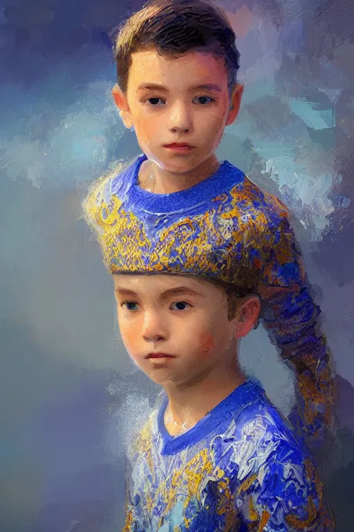 Image similar to little boy, close - up portrait, the portrait is decorated with blue and gold art deco patterns, powerfull, intricate, elegant, volumetric lighting, scenery, digital painting, highly detailed, artstation, sharp focus, illustration, concept art, ruan jia, steve mccurry