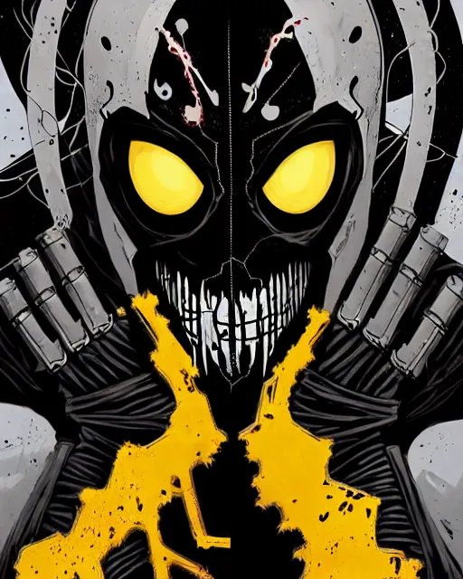 Image similar to highly detailed closeup portrait of a cyborg carnage symbiote in deadpool suit with skeleton skull face, black hoodie by atey ghailan, by greg rutkowski, by greg tocchini, by james gilleard, by joe fenton, by kaethe butcher, gradient, yellow, black, brown and white color scheme, grunge aesthetic!!! black graffiti tag wall background