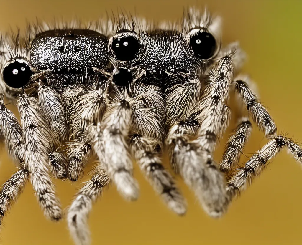 Image similar to hd macro photo of a jumping spider sitting on a leaf looking at the camera, in the reflection of its eyes you can see neotokyo, high resolution photo, macro, detailed