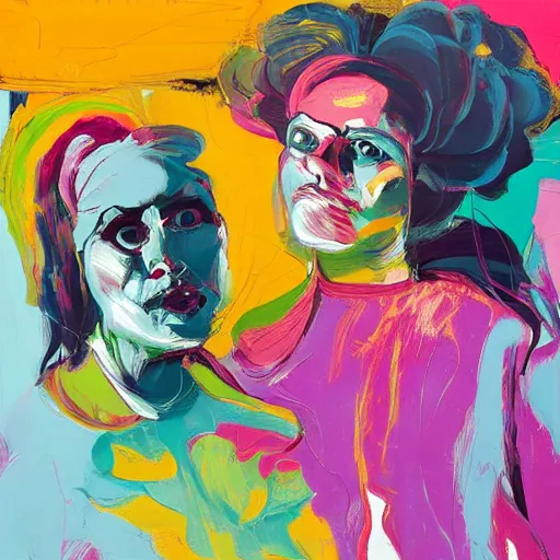 Image similar to a portrait of two beautiful 3 0 year old sisters in a scenic environment by francoise nielly, francis bacon