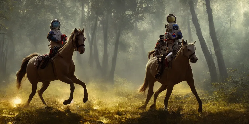 Image similar to american astronaut in an indian forest riding a beautiful horse, elegant scene, wide angle, cinematic lighting, atmospheric, ultrarealistic, trending on artstation, cgsociety, highly detailed, color graded, in the style of craig mullins, rendered in Unreal Engine 4k HQ, horizon forbidden west