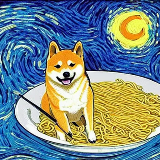 Prompt: shiba inu eating noodles in style of van gogh's starry night