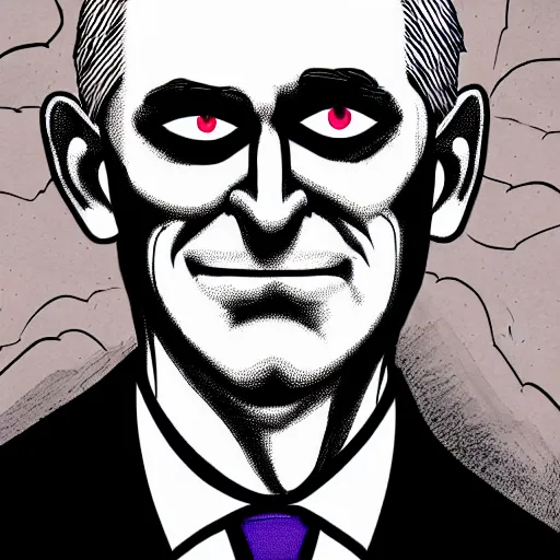 Prompt: bright demonic glowing eyes, colorized digital illustration of secretary of denis mcdonough face, cover art of graphic novel, evil laugh, menacing, Machiavellian puppetmaster, villain, clean lines, clean ink