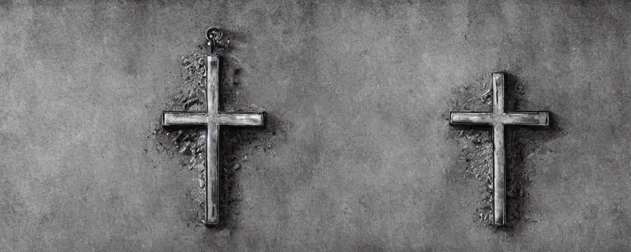 Image similar to a shiny silver cross, black minimalistic background with grunge and grain, by Beksinski