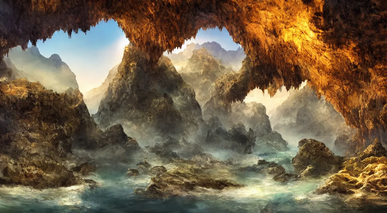 Prompt: majestic cavern landscape, high definition, high detail, 8k, photorealistic,