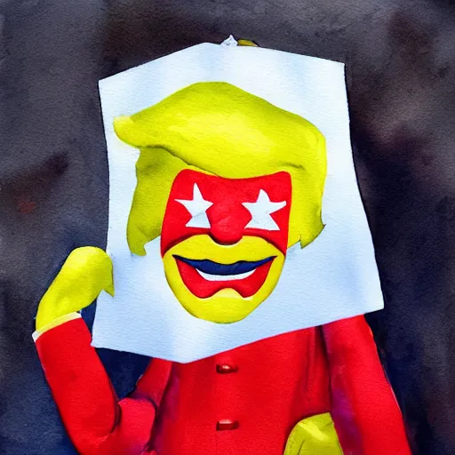 Prompt: donald trump as sad ronald mcdonald holding paper bag, watercolor, vignette