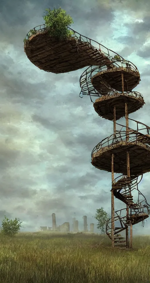 Prompt: tree - house on a rusty broken building constructions of a giant spiral upside - down staircase for multiple cases, leading to the sky, the ruins, in the steppe, summer field, misty background, from the game pathologic 2, highly detailed, sharp focus, matte painting, by isaac levitan and asher brown durand,