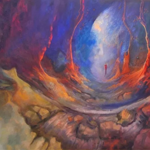 Prompt: Journey to the center of the earth, dreamlike oil painting, master piece