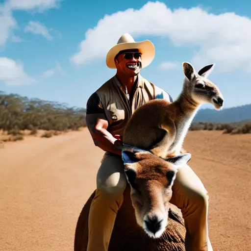 Image similar to dwayne johnson riding on the back of a kangaroo, he is wearing a safari outfit and a pith hat, studio photography, 8 k