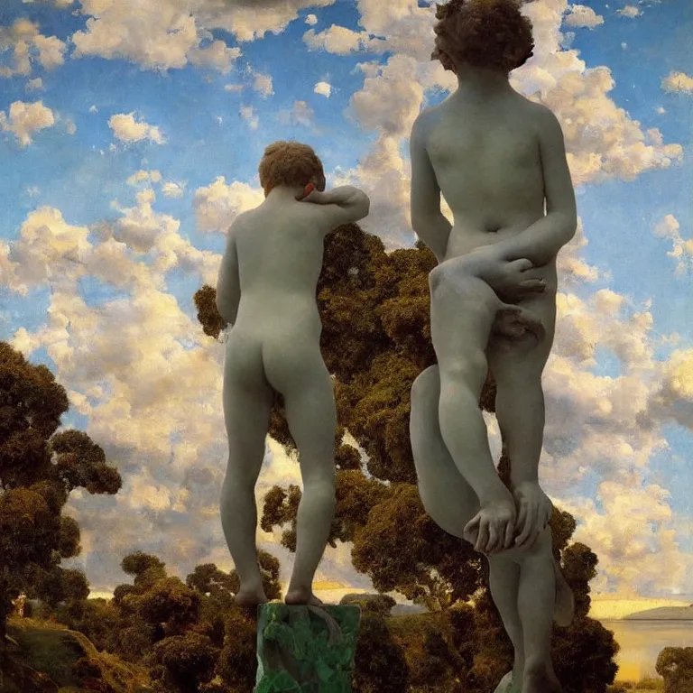 Prompt: A Monumental Public Sculpture of a 'Giant Child made of green marble watching the stars' on a pedestal by the lake, surreal oil painting by John Singer Sargent and Maxfield Parrish and Max Ernst shocking detail hyperrealistic!! Cinematic lighting