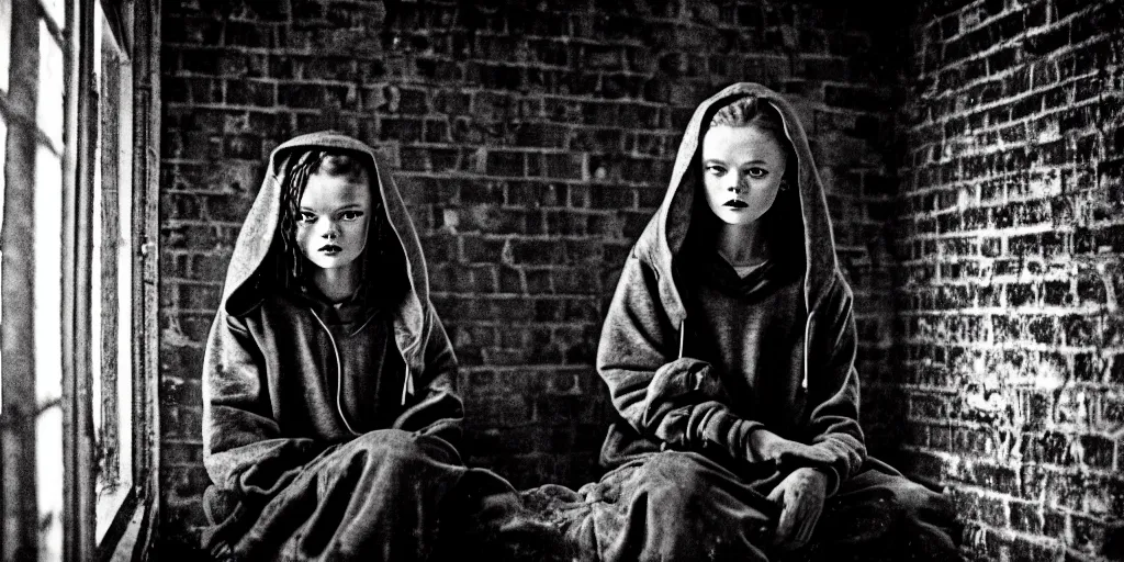 Prompt: night scene, sadie sink in hoodie sits on windowsill, knees tucked in, rain, old brick wall, propaganda posters : grainy b & w 1 6 mm film, 2 5 mm lens, single long shot from schindler's list by steven spielberg. cyberpunk, steampunk. cinematic atmosphere and composition, detailed face, perfect anatomy