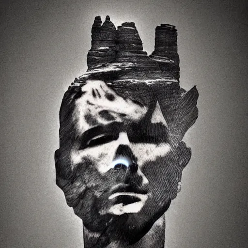 Image similar to double - exposure effect of davids statue face blended with the most beautiful mountains, in the style of dan mountford, amazing detail, black and white, tattoo sketch