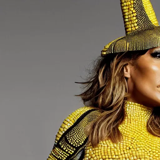 Prompt: full body photo of jennifer lopez, she is wearing a fashionist costume of corn on a cob, studio lighting, corn on a cob everywhere