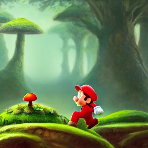 Image similar to Toad from Mario brothers running through a mushroom forest drawn by frank frazetta, background by Norman Rockwell 4k, volumetric lighting, trending on artstation, octane render, hyperrealistic