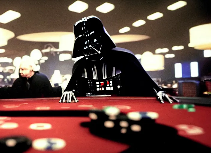 Image similar to film still of Darth Vader gambling in vegas in Star Wars The Empire Strikes Back,