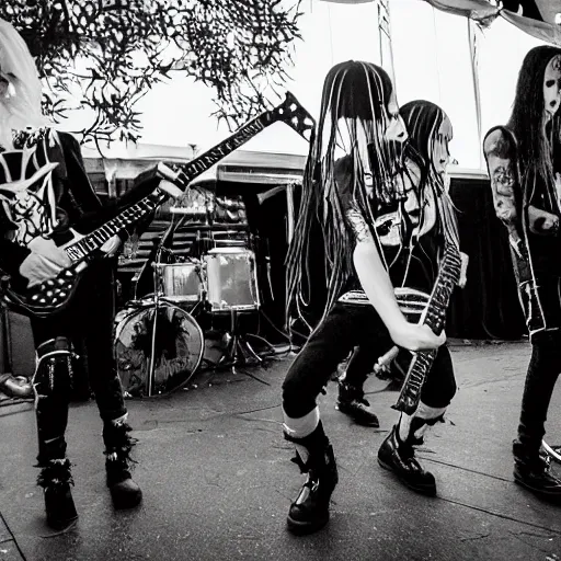 Prompt: black metal band playing at a children's birthday party, goths, punkrockers