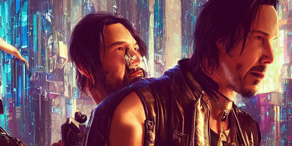 Image similar to a cyberpunk 2077 srcreenshot couple portrait of Keanu Reeves and a female android final kissed in night city,love,film lighting,by Lawrence Alma-Tadema,Andrei Riabovitchev,Laurie Greasley,Dan Mumford,John Wick,Speed,Replicas,artstation,deviantart,FAN ART,full of color,Digital painting,face enhance,highly detailed,8K,octane,golden ratio,cinematic lighting