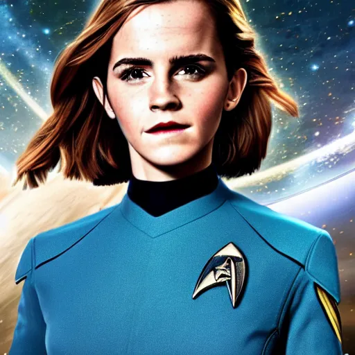 Image similar to a full body portrait of emma watson as a star fleet officer from star trek next generation, ultra rendered extreme realism and detail, 8 k, highly detailed, realistic, completely framed, hyper realistic, colorful, direct lighting, 3 5 mm photo, photorealistic, sharp focus