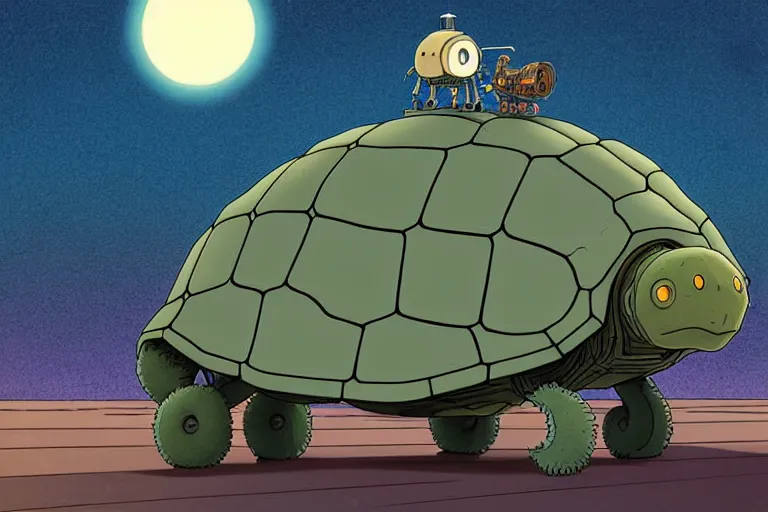 Prompt: a cell shaded cartoon of a lovecraftian mechanized turtle from howl's moving castle ( 2 0 0 4 ), on a desert road, in front of a full moon, full body, wide shot, very muted colors, post grunge, studio ghibli, laurie greasley, highly detailed, deviantart, art by artgem