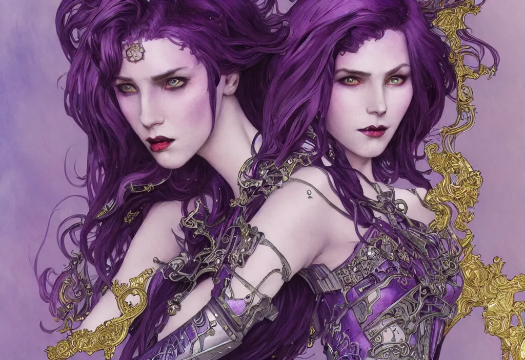 Prompt: vampire with purple hair in sci - fi bionic armor, highly detailed, very intricate, art nouveau, gold filigree, romantic storybook fantasy, soft cinematic lighting, award - winning, disney concept art watercolor illustration by mandy jurgens and alphonse mucha and alena aenami, pastel color palette, featured on artstation