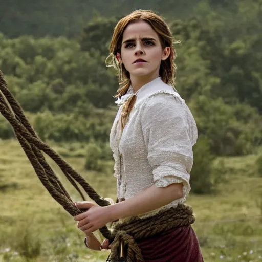 Image similar to emma watson, full body and face, head to toe visible in the photo, hands tied with a metal pole via rope, damsels in distress, 4 k, hyperrealistic