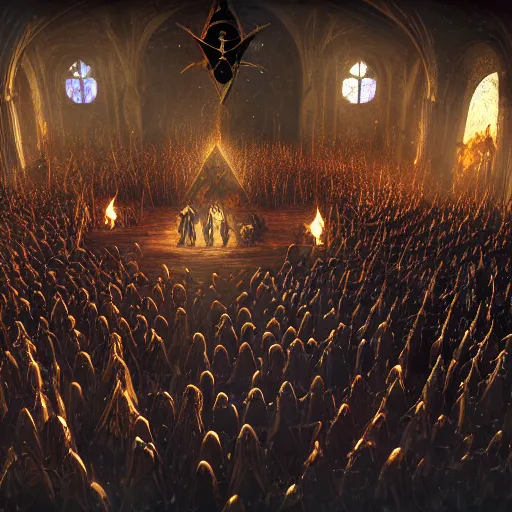 Image similar to satanists in masonic lodge during a medieval battle, warcraft style, realistic 4k octane beautifully detailed render, 4k post-processing, highly detailed, intricate complexity, epic composition, magical atmosphere, cinematic lighting, masterpiece, ultra hd